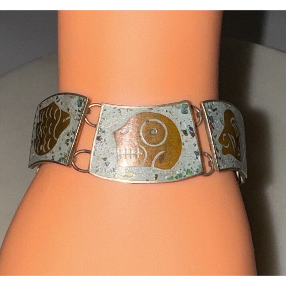 Vintage Sterling Silver Brass Turquoise Inlay Panel Bracelet Hencho En Mexico - Picture 2 of 14
